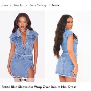 Never worn with tags! Petite Blue Sleeveless Wrap Over Denim Mini Dress.